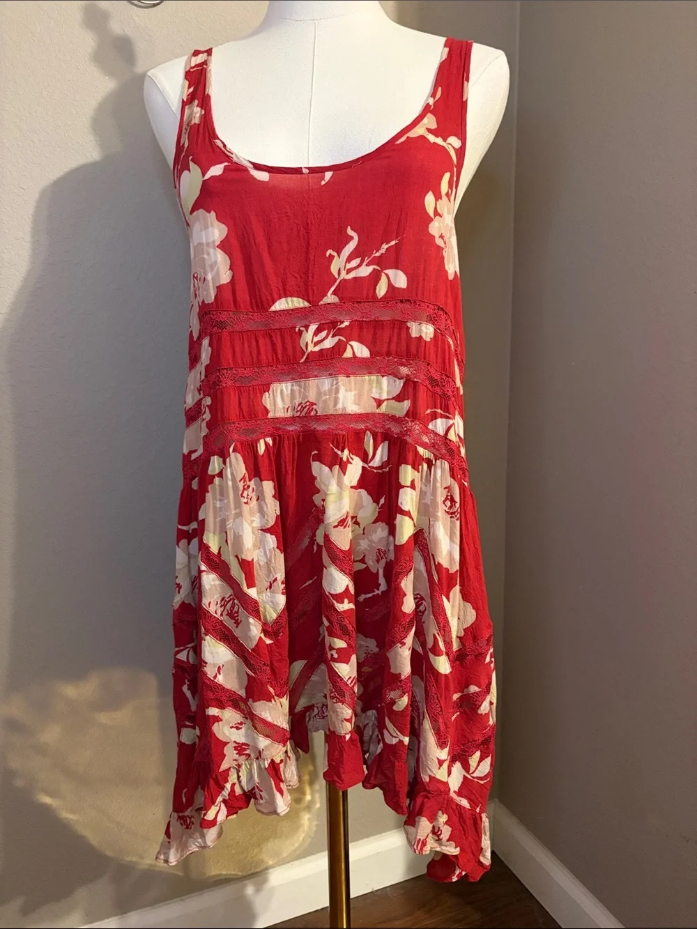 Free People Intimately She Swings Red Floral Lace Insert Mini Dress Size Small